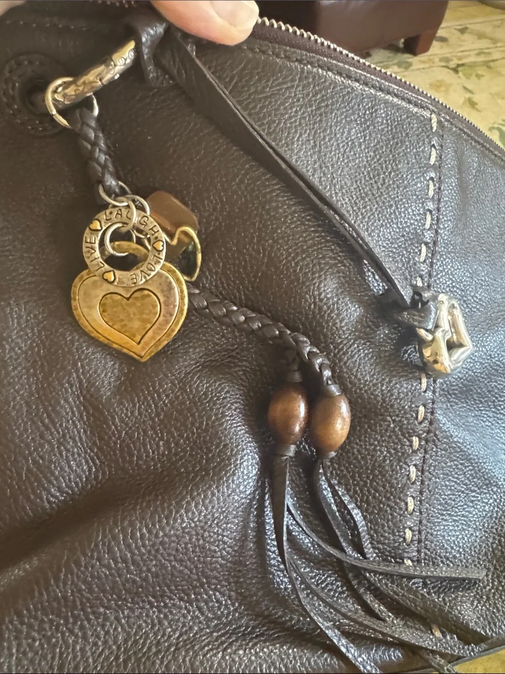 Brighton Koda Brown Leather Hobo Crossbody Tassle heart F367405